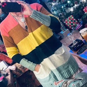 Caslon Color block Wide Stripe Long Cardigan Pink Brown Yellow Green Blue Cream